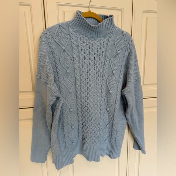 J. Crew Women's Light Blue Cable Knit Mockneck Sweater Size Large 100% Cotton - Picture 3 of 9